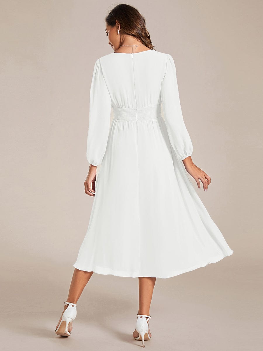 Chiffon V-Neck Long Sleeves Elastic Band Midi Wedding Guest Dress