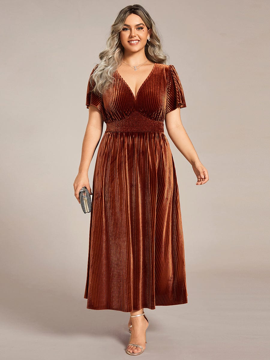 Plus Size A-line V-Neck Short Sleeve Pleated Velvet Fall Wedding Guest Dress