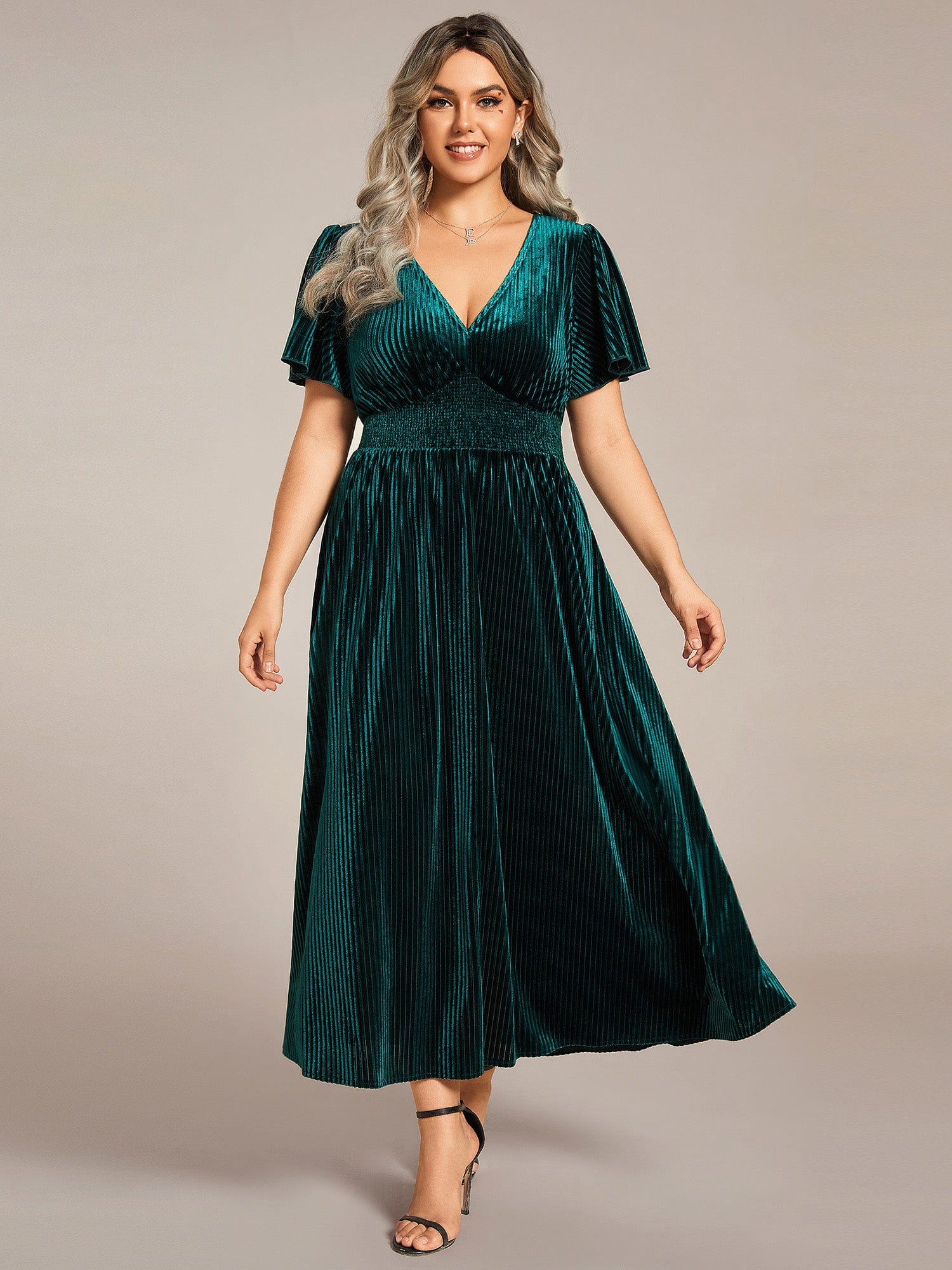 Plus Size A-line V-Neck Short Sleeve Pleated Velvet Fall Wedding Guest Dress