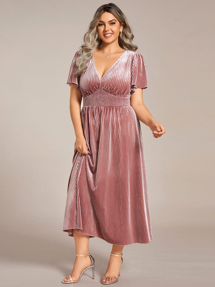 Plus Size A-line V-Neck Short Sleeve Pleated Velvet Fall Wedding Guest Dress