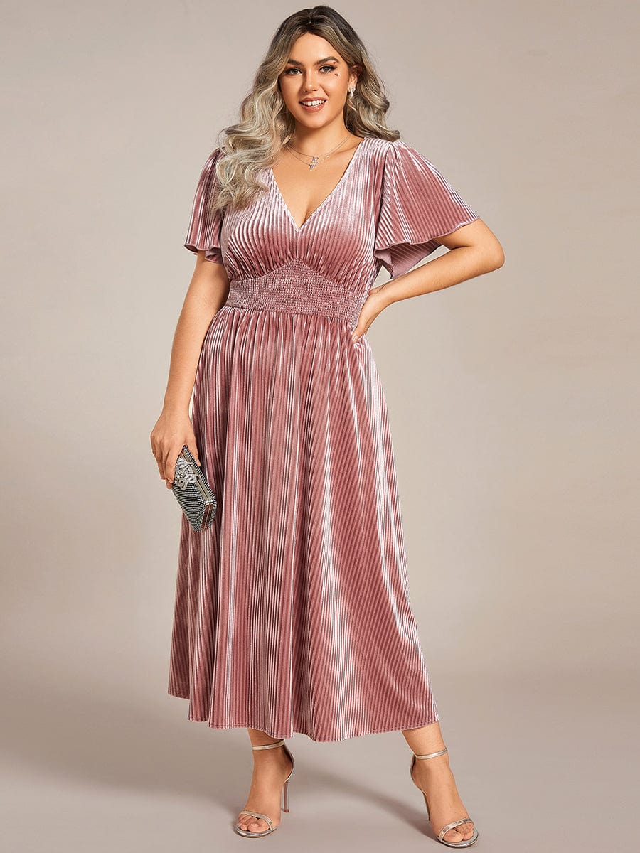 Plus Size A-line V-Neck Short Sleeve Pleated Velvet Fall Wedding Guest Dress