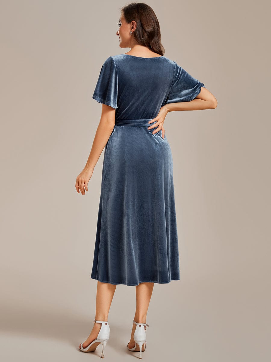 One-Piece Type Short Sleeves V-Neck Velvet Midi Wedding Guest Dress