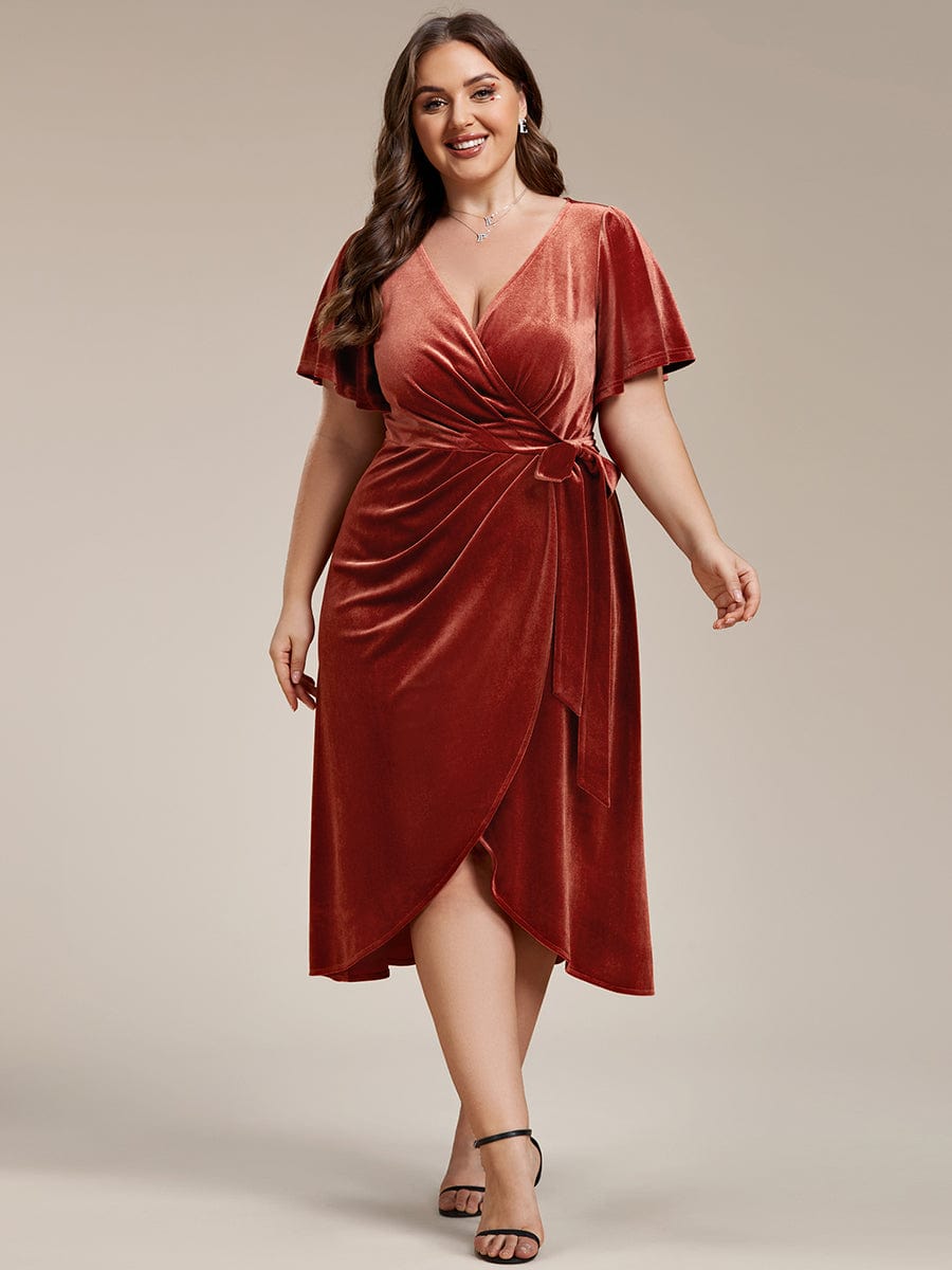 One-Piece Type Short Sleeves V-Neck Velvet Midi Wedding Guest Dress