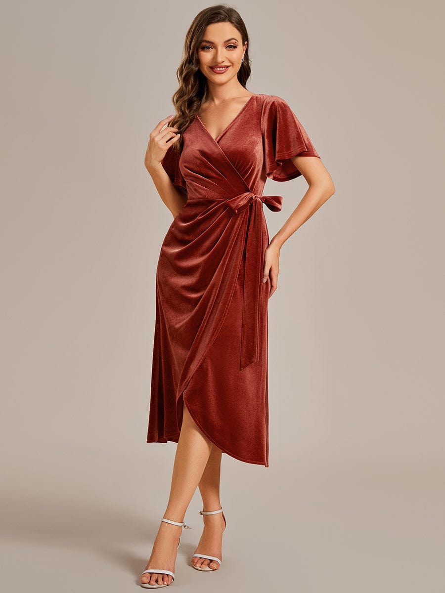 One-Piece Type Short Sleeves V-Neck Velvet Midi Wedding Guest Dress