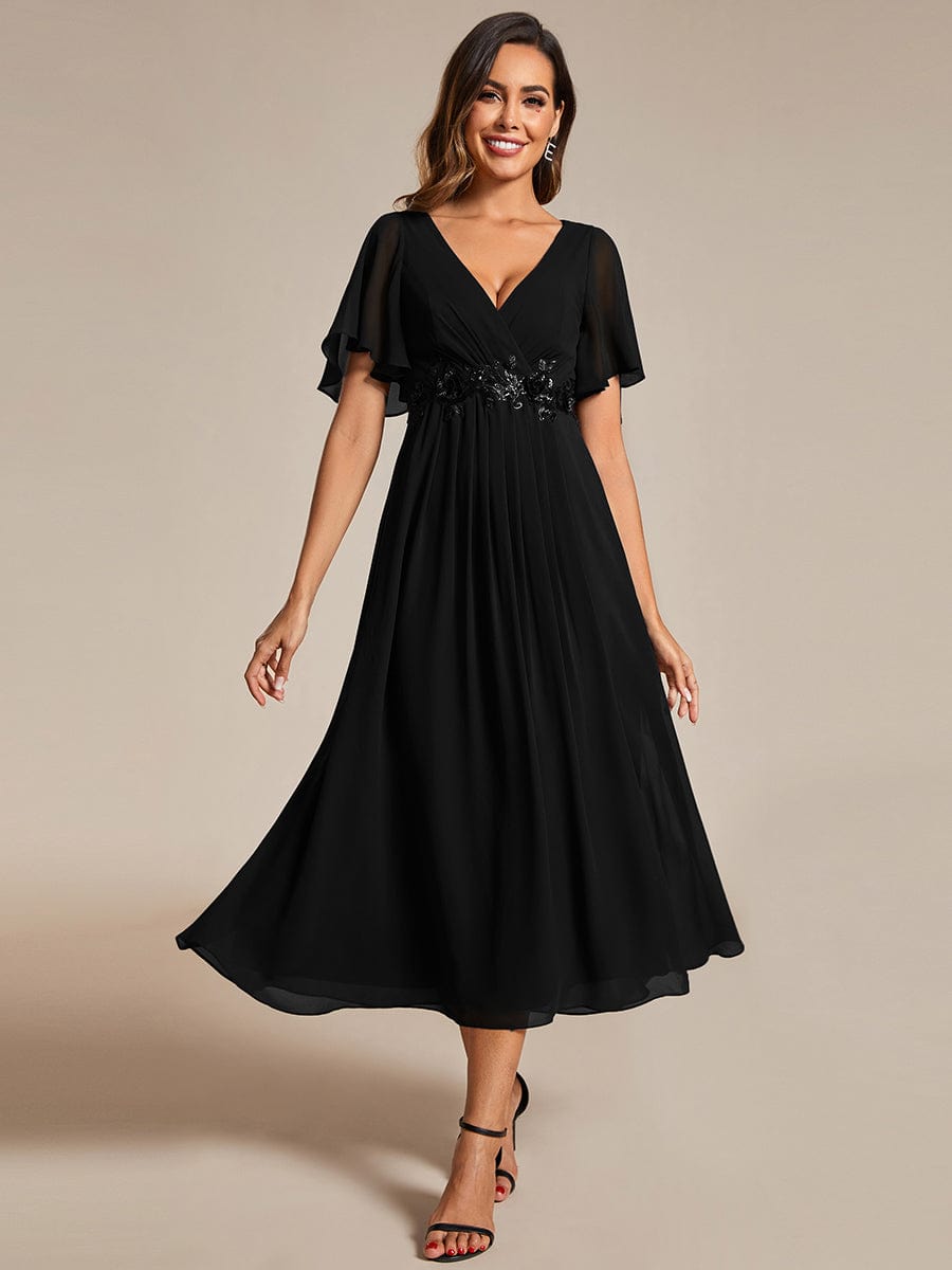 Short Sleeves V-Neck Tea Length Wedding Guest Dress with Floral Applique