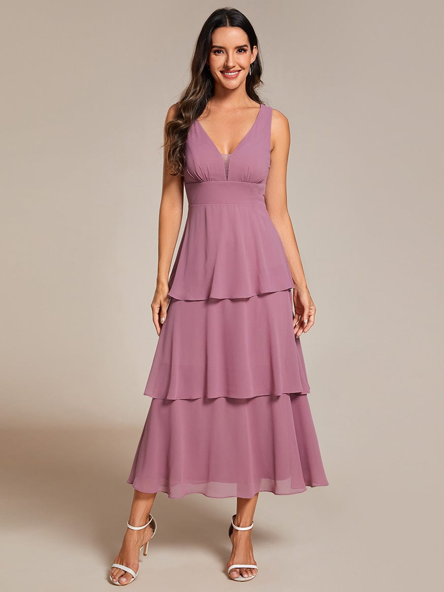 Sleeveless Tiered Hem V-Neck Chiffon Wedding Guest Dress