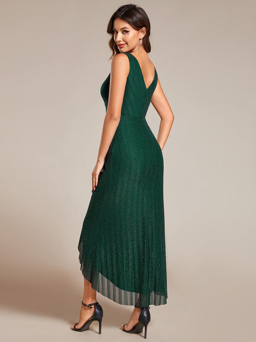 High-Low Ruffle Mermaid Wedding Guest Dress with V-Neck