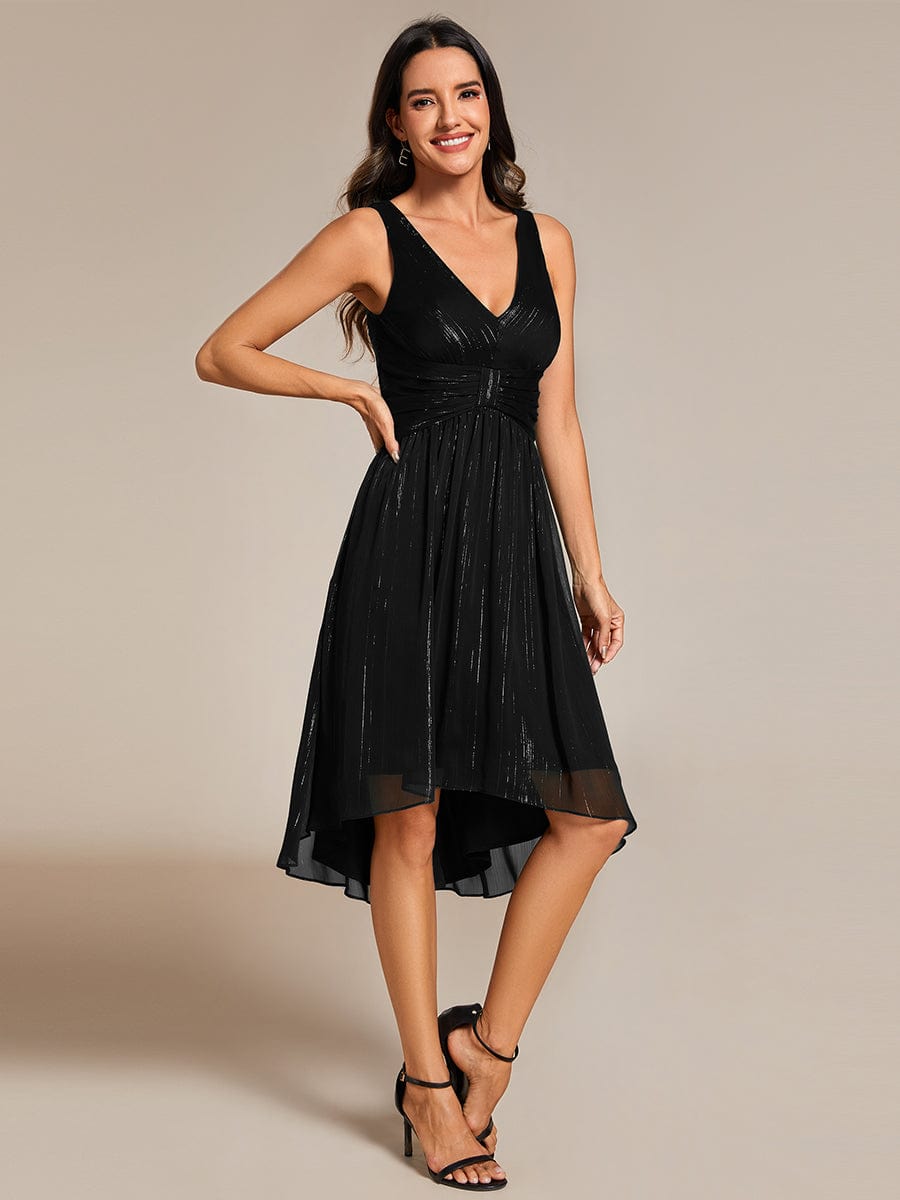 V-Neck High-Low Glitter Sleeveless Wedding Guest Dress with Pleated