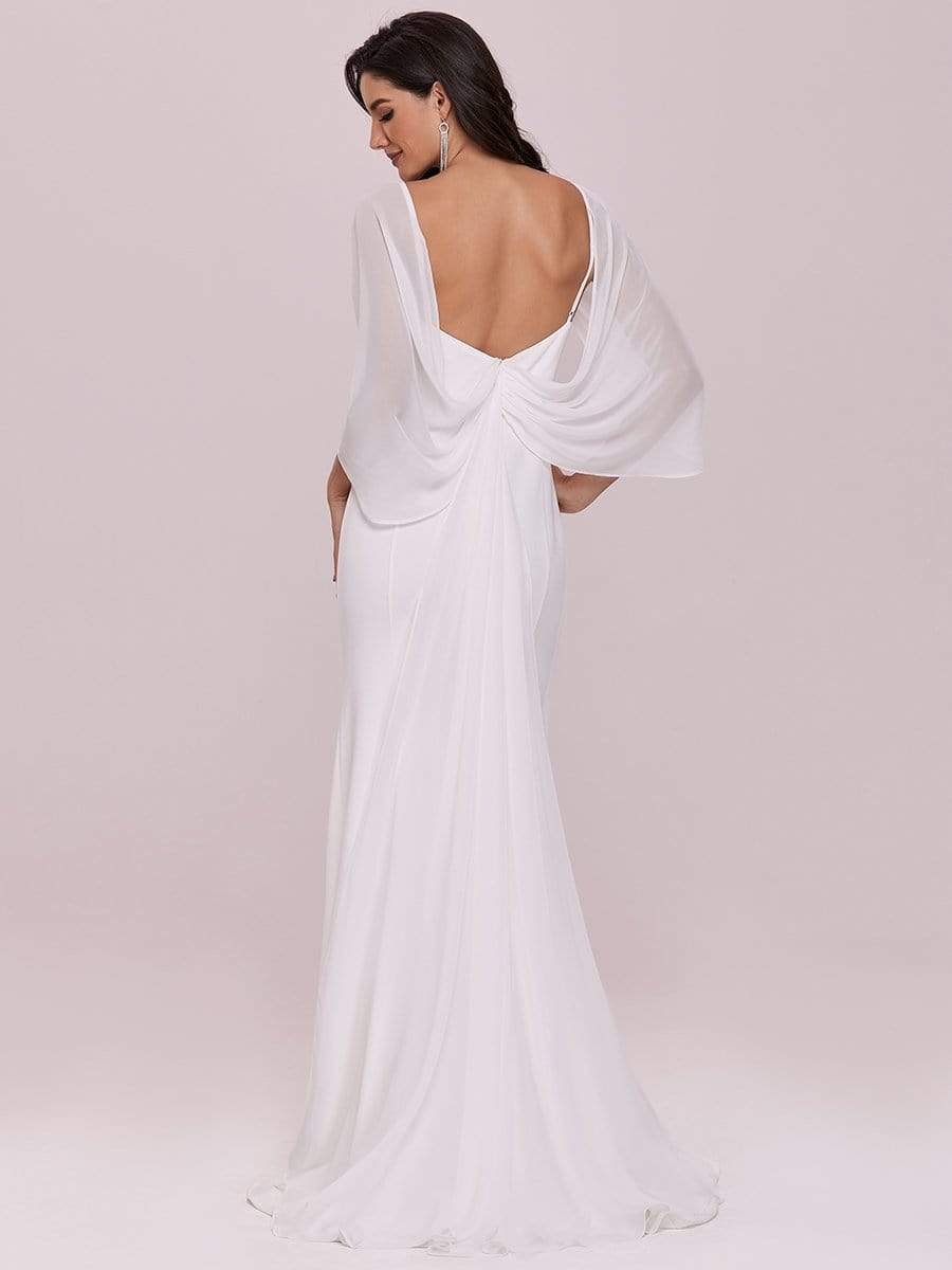 Color=Cream | Swag-Sleeves V Neck Floor Length Fishtail Wedding Dress-Cream 4