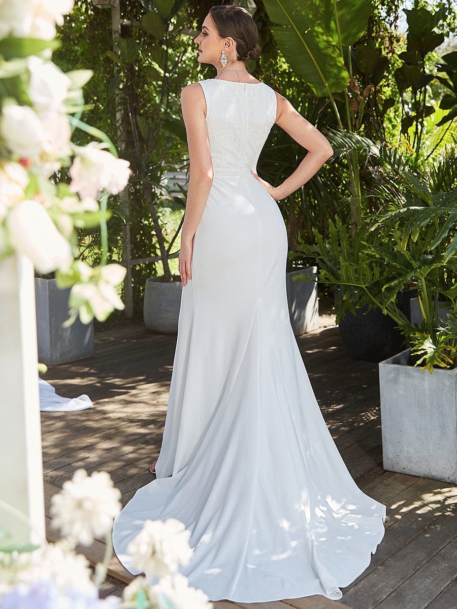 Color=White | Sleeveless Floral Lace High Neck Side Slit Fishtail Wedding Dress-White 2