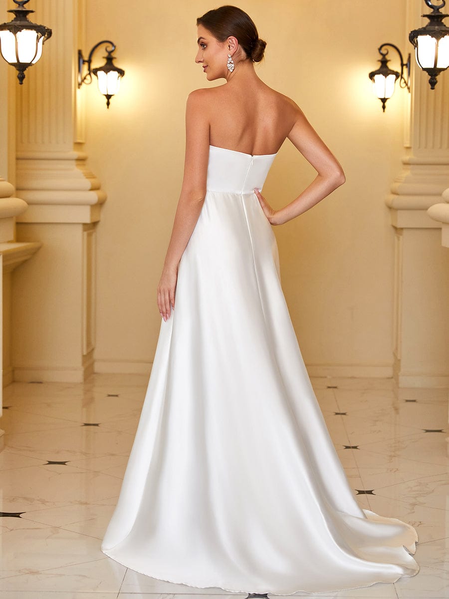 Satin Pleated Sweetheart Sleeveless Front Slit Wedding Dress