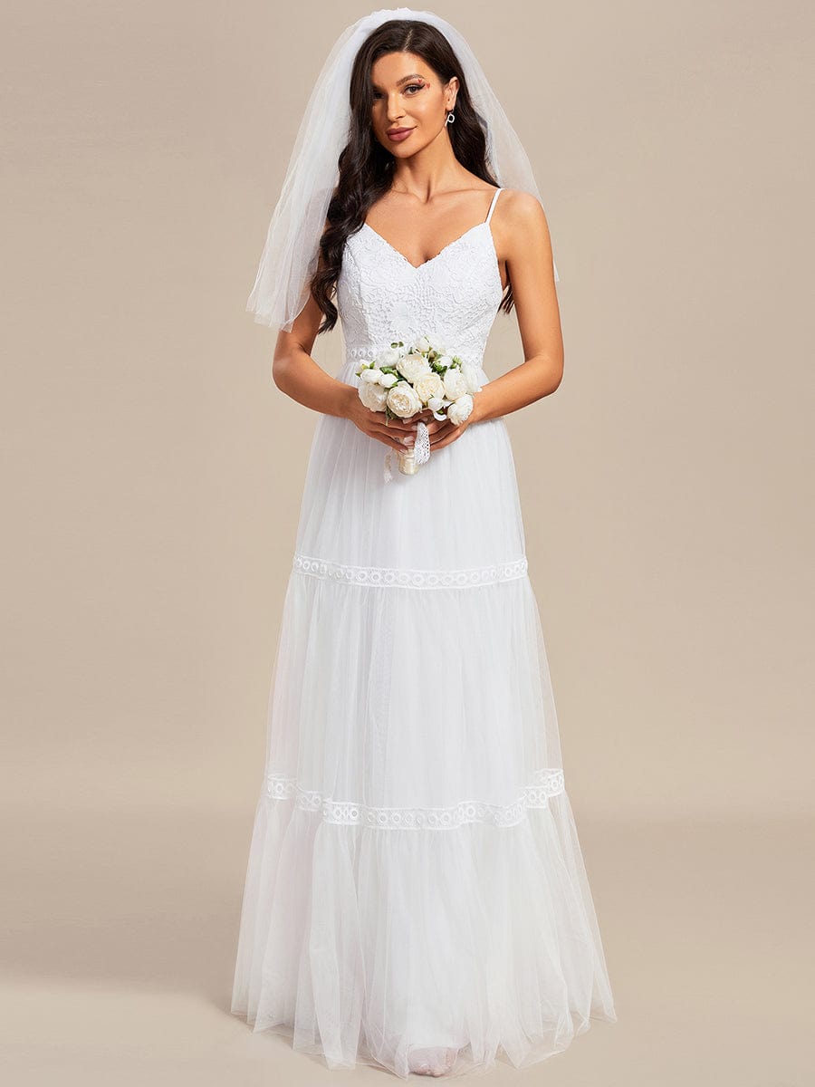 Spaghetti Strap Lace Embroidery A-Line Tulle Romantic Wedding Dress