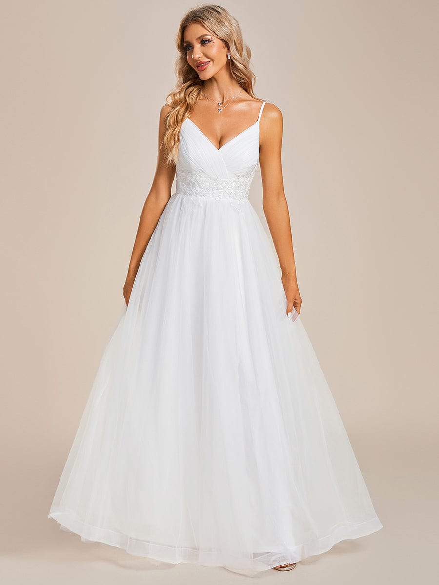 Spaghetti Straps V-Neck Waist Applique A-Line Tulle Wedding Dress