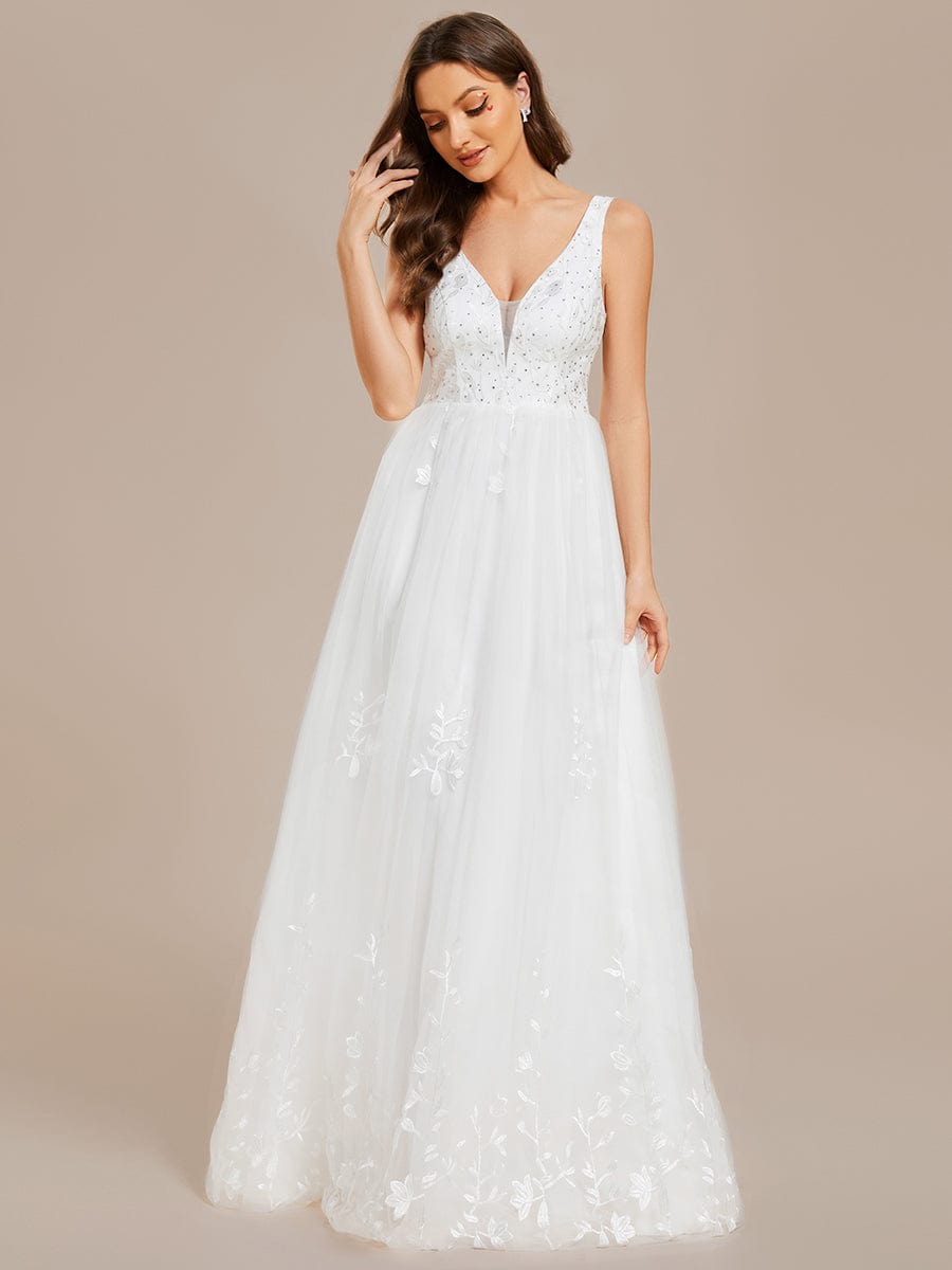 Sleeveless V-Neck A Line Embroidered Tulle Wedding Dress with Applique