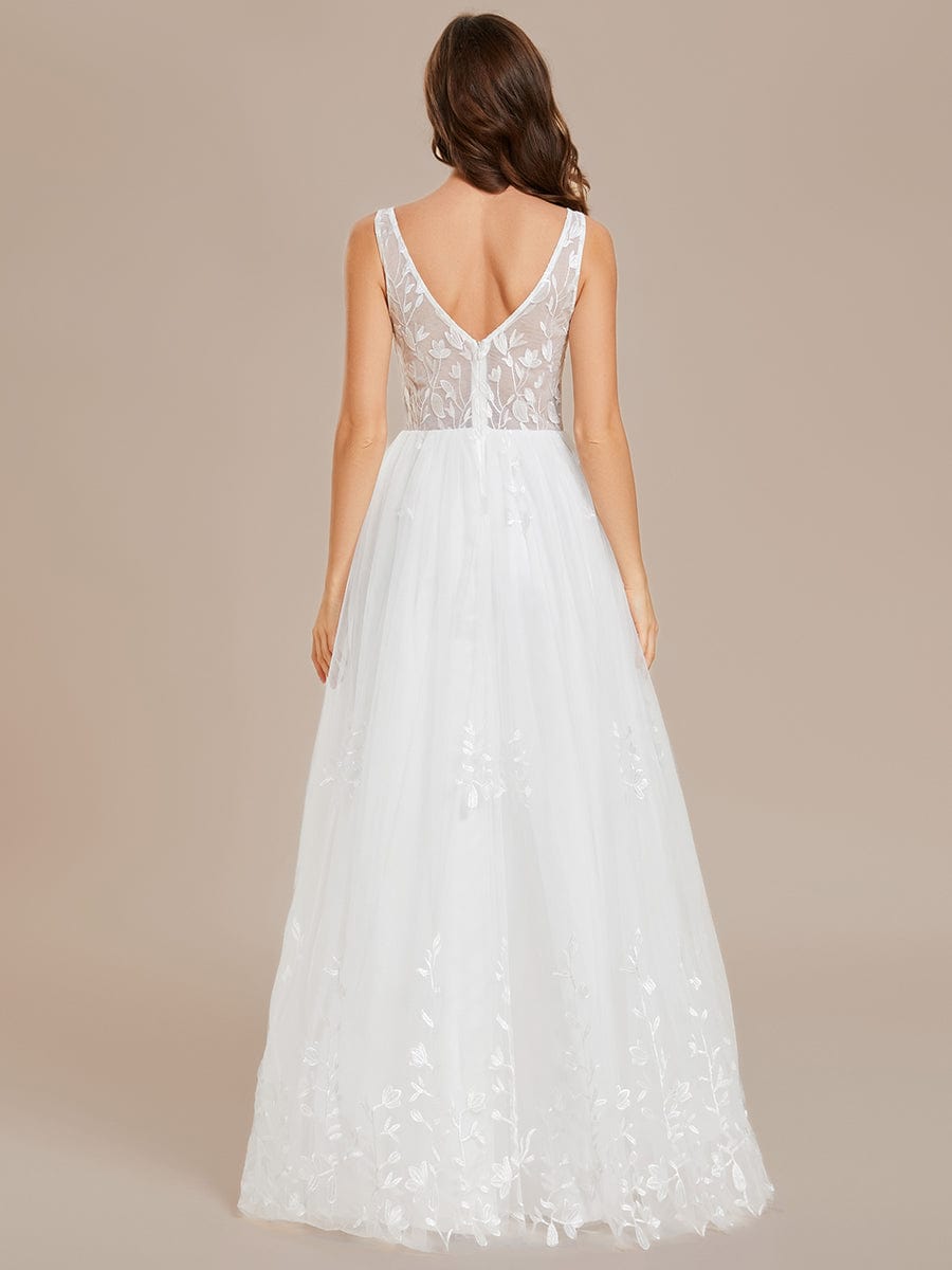 Sleeveless V-Neck A Line Embroidered Tulle Wedding Dress with Applique