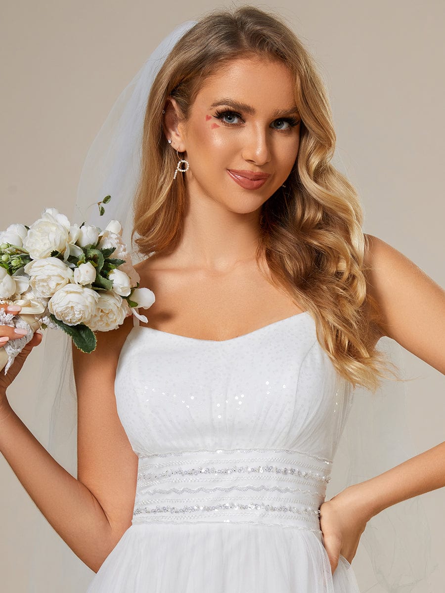 Classic Adjustable Spaghetti Strap Tulle Wedding Dress with Waist Paillette Chain