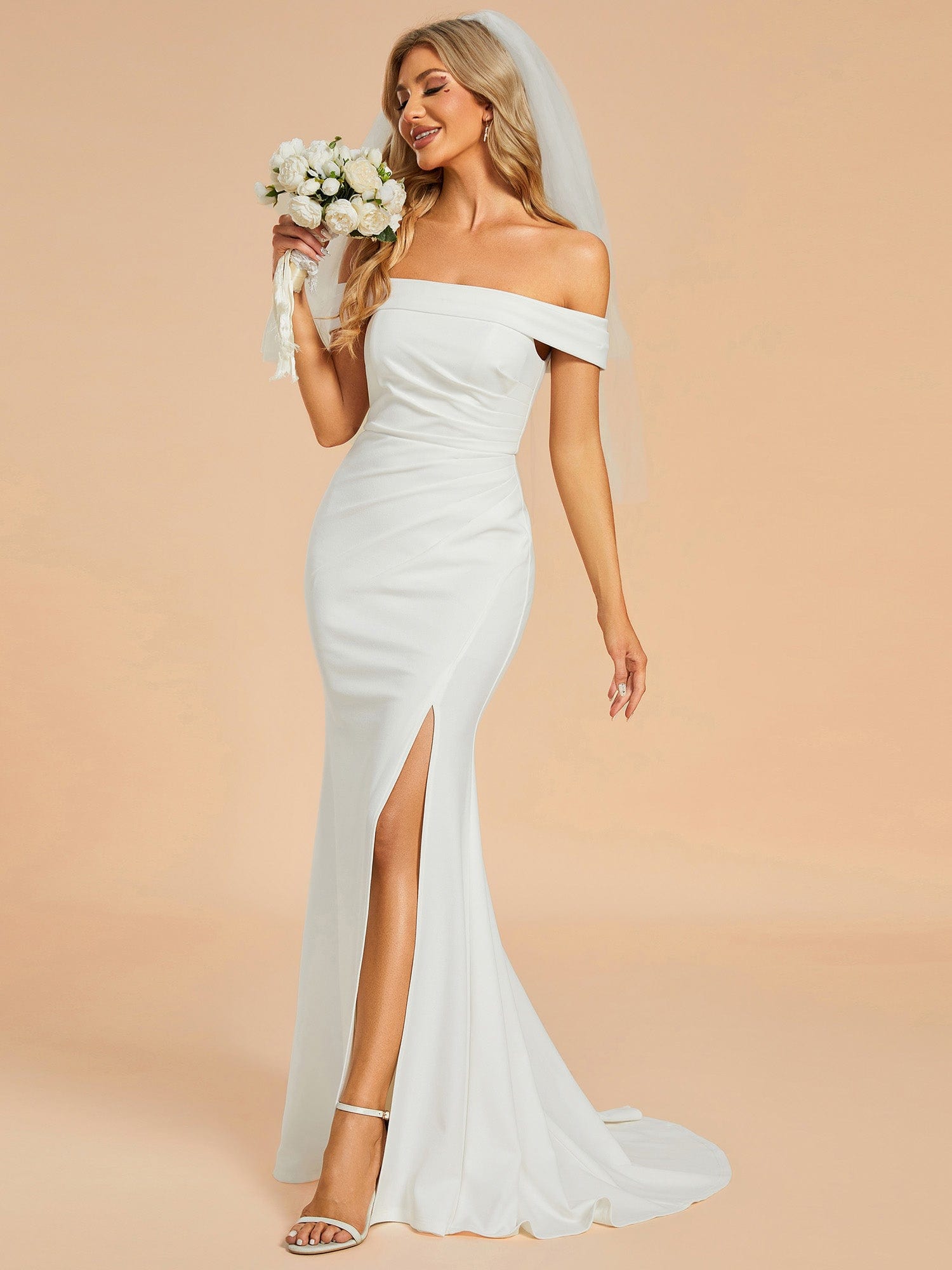 Off Shoulder Pleated Mermaid Wedding Dress featuring High Slit