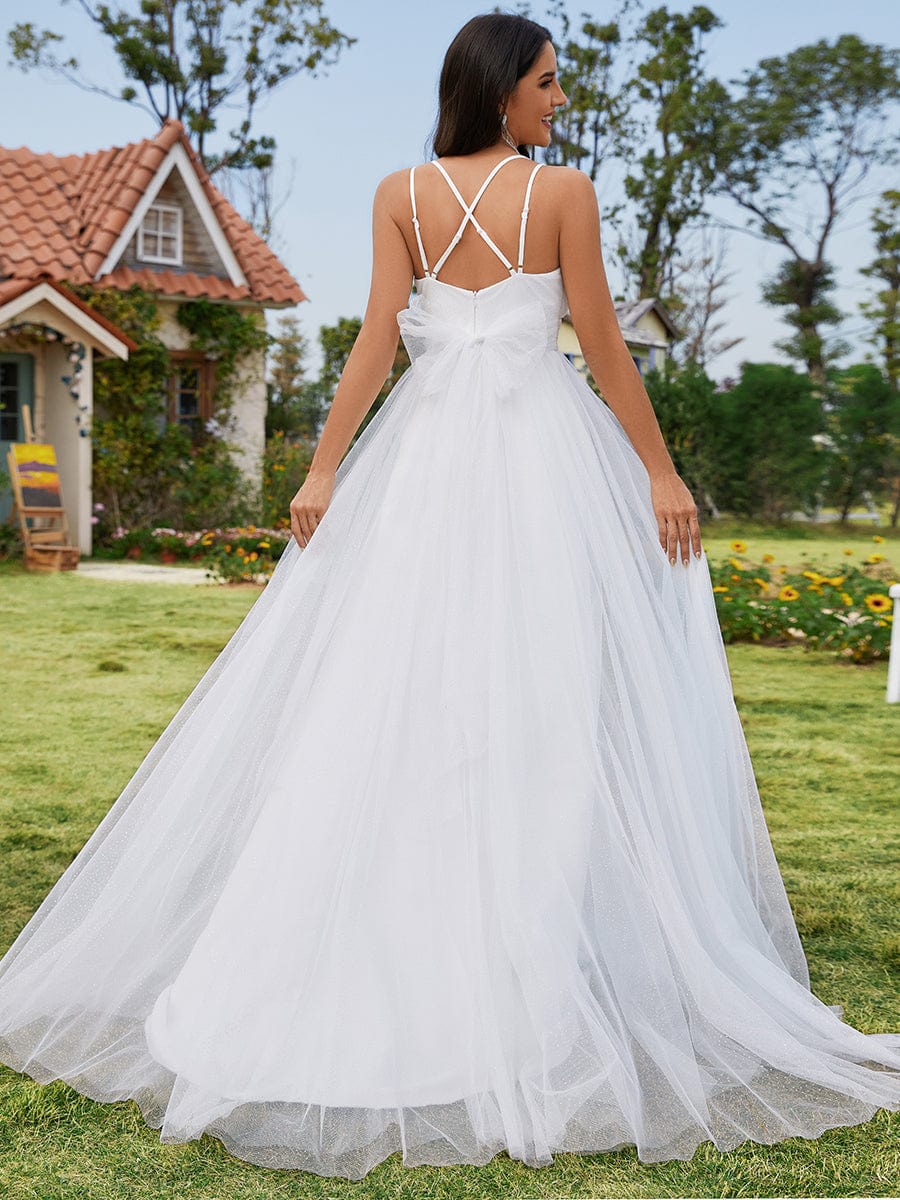 Delicate Bow Back Spaghetti Strap A-Line Wedding Dress with V-Neck