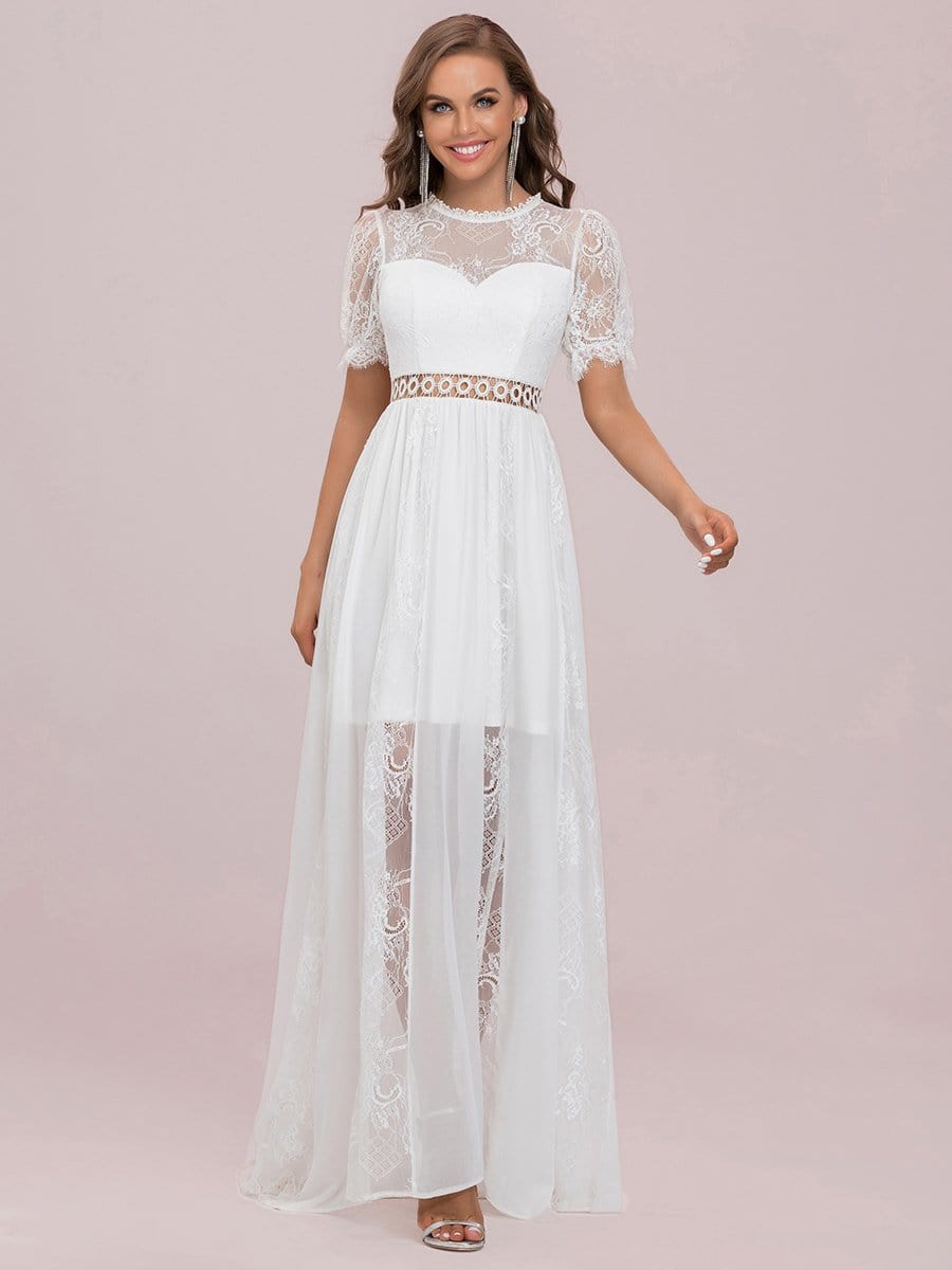 Short Sleeve Floral Lace Sheer Vintage Wedding Dress