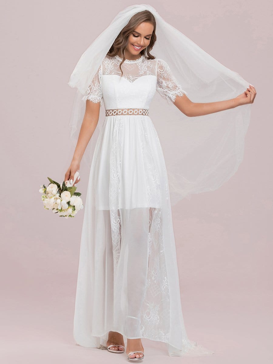 Short Sleeve Floral Lace Sheer Vintage Wedding Dress