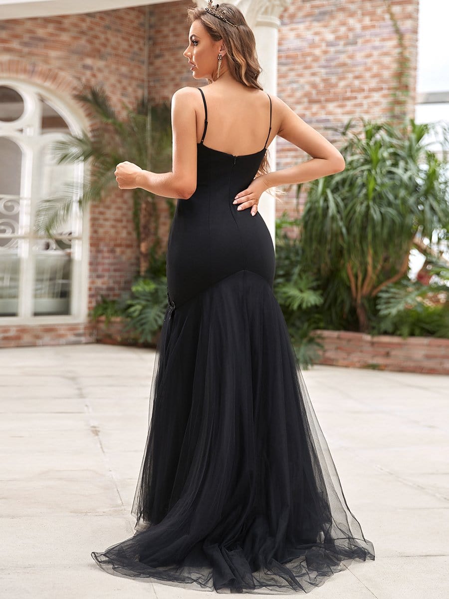 Spaghetti Strap Sequin Tulle Mermaid Black Wedding Dress #color_Black
