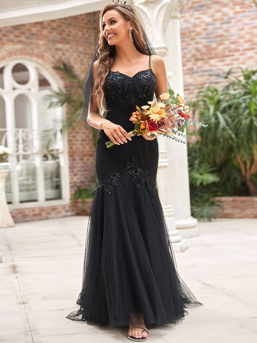 Spaghetti Strap Sequin Tulle Mermaid Black Wedding Dress #color_Black