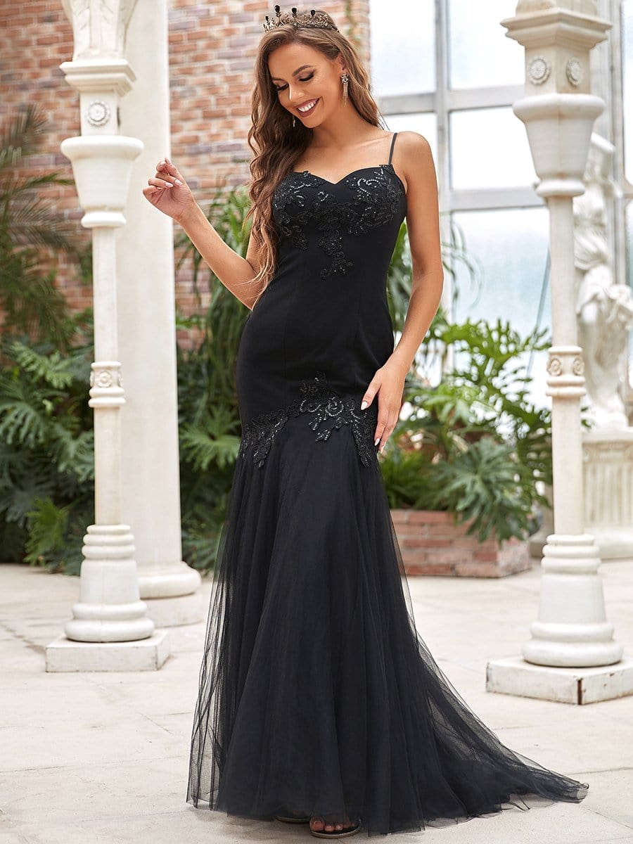 Color=Black | Spaghetti Strap Sequin Tulle Mermaid Black Wedding Dress-Black 1