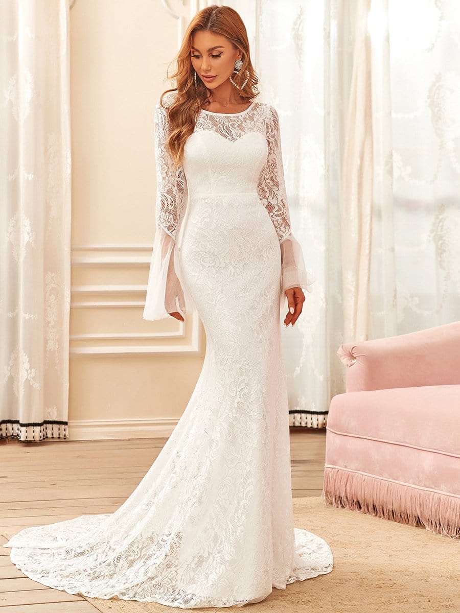 Sweetheart Long Bell Sleeve Mermaid Wedding Dress #color_Cream 
