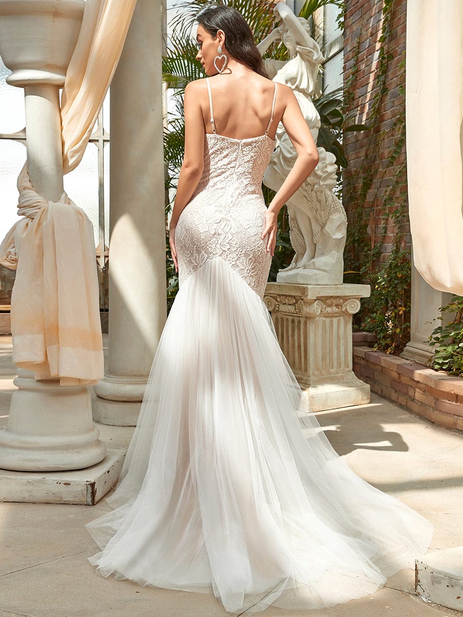 Custom Size Floral Spaghetti Strap Lace Backless Long Mermaid Wedding Dress