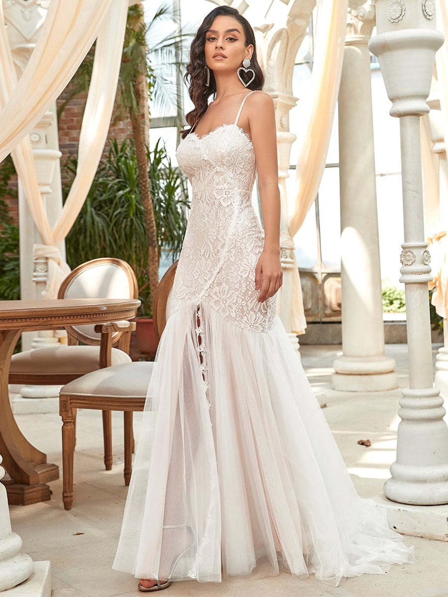 Custom Size Floral Spaghetti Strap Lace Backless Long Mermaid Wedding Dress #color_Cream