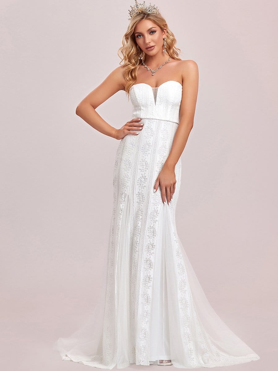 Color=White | Lace Sweetheart Simple Strapless Wedding Dress-White 9