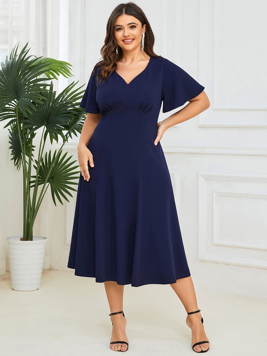 Short Flutter Sleeve V-Neck Midi Mother of the Bride Dress