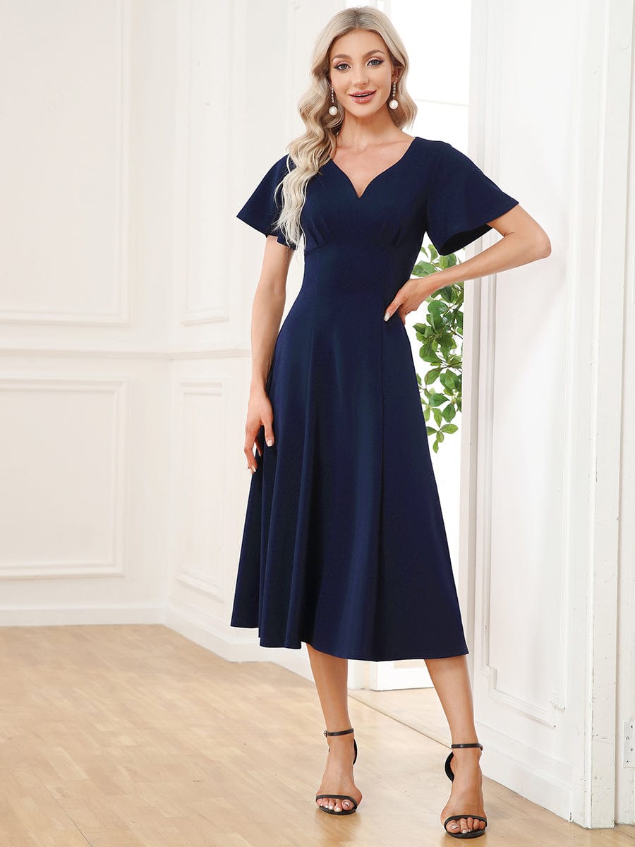 Short Flutter Sleeve V-Neck Midi Mother of the Bride Dress