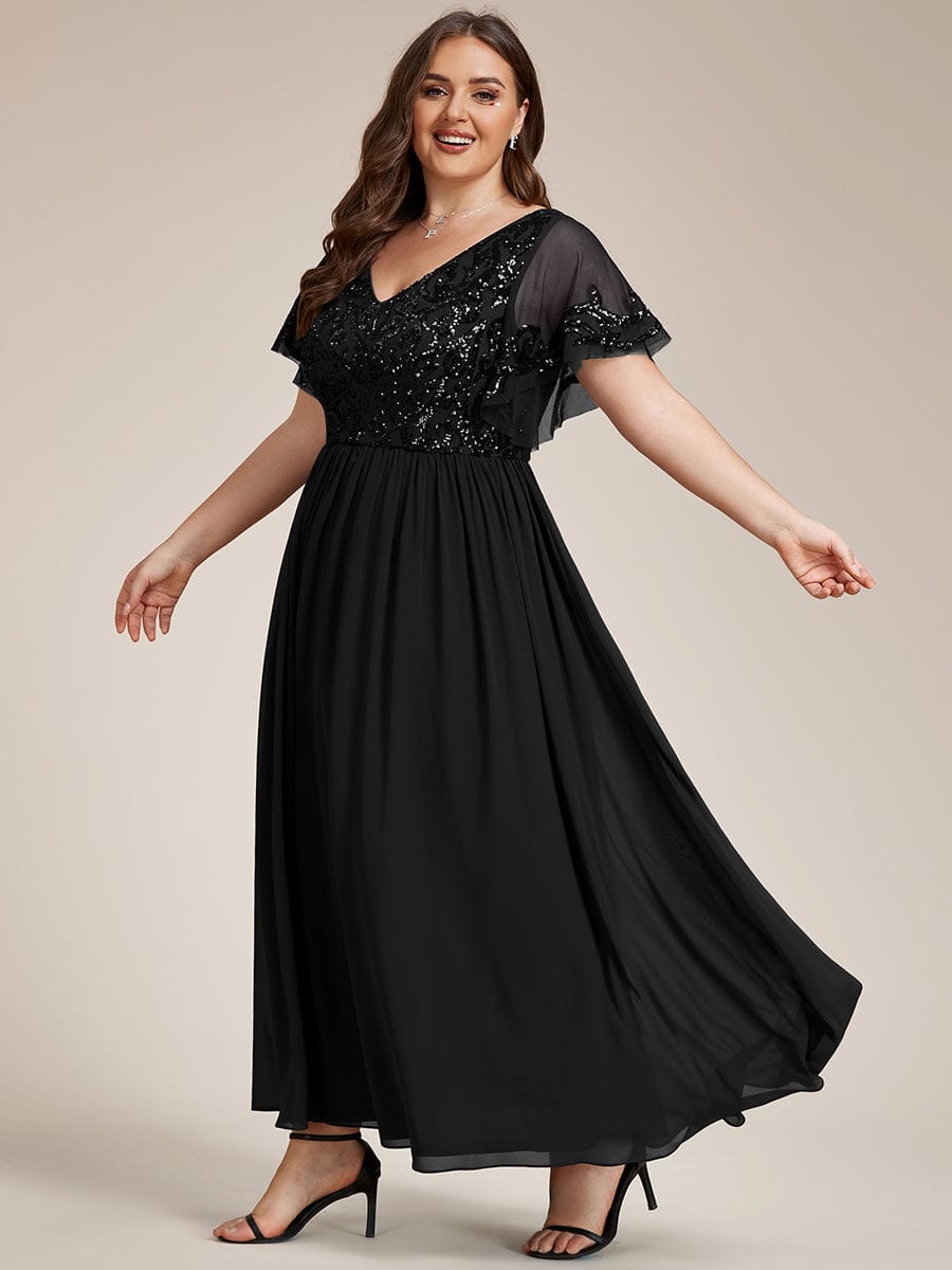 Short Sleeve V-Neck Sequin Chiffon A-Line Mother of the Bride Dress