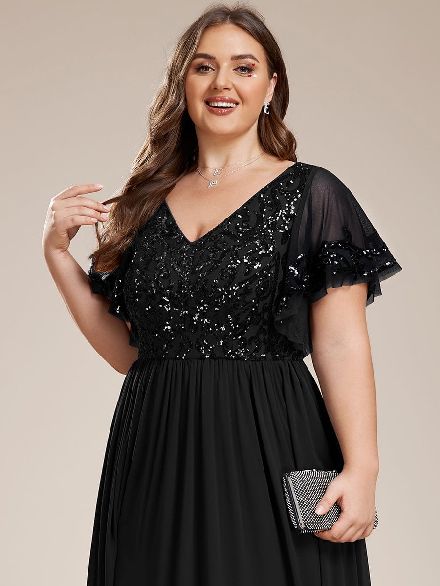 Short Sleeve V-Neck Sequin Chiffon A-Line Mother of the Bride Dress