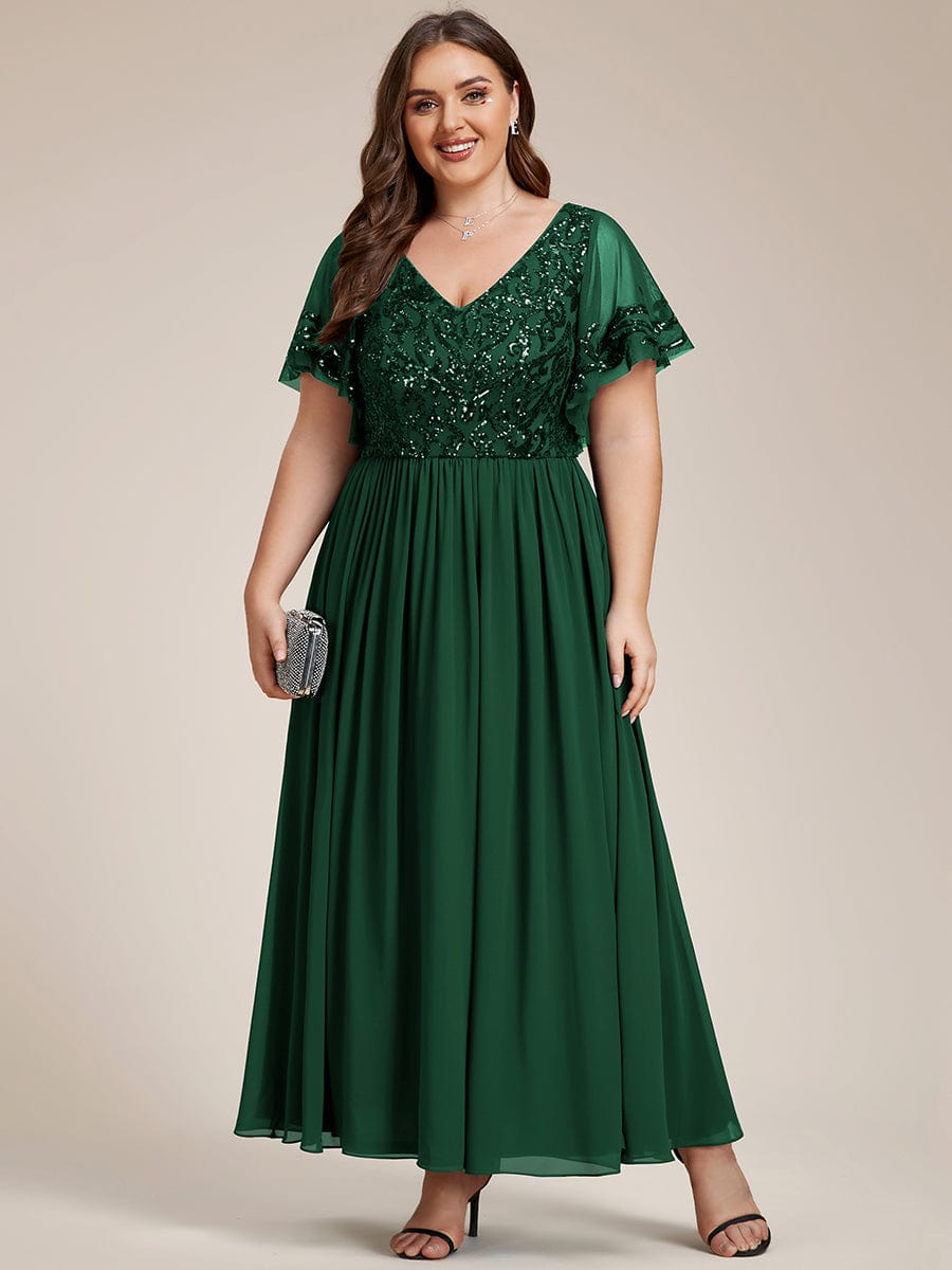 Plus Size V-Neck Short Sleeve Sequin Bodice Mother of the Bride Dress