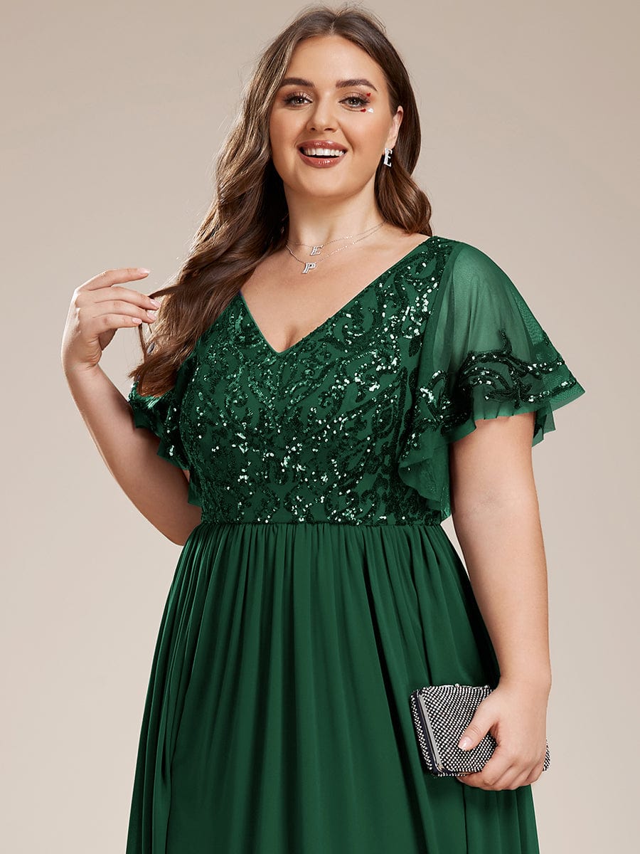 Plus Size V-Neck Short Sleeve Sequin Bodice Mother of the Bride Dress