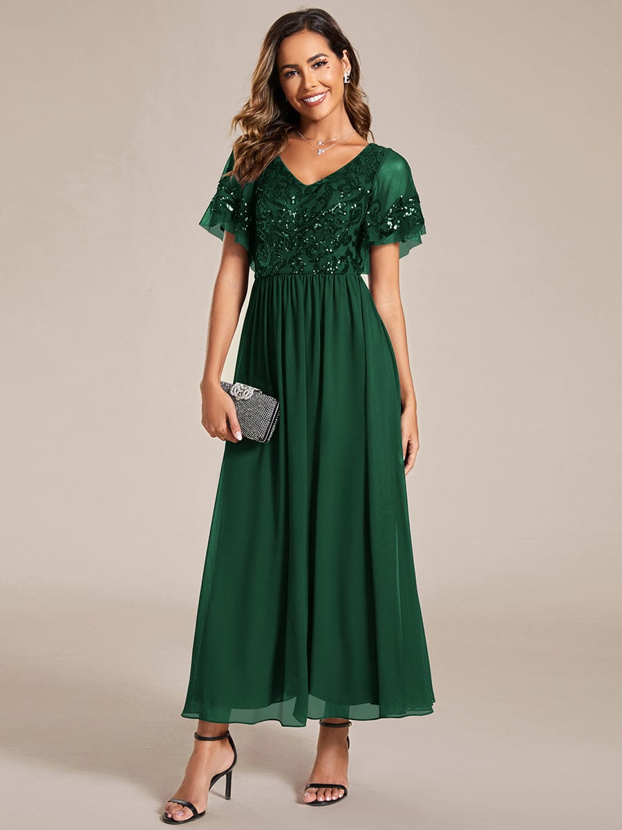 Short Sleeve V-Neck Sequin Chiffon A-Line Mother of the Bride Dress