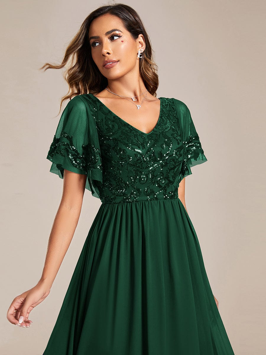 Short Sleeve V-Neck Sequin Chiffon A-Line Mother of the Bride Dress