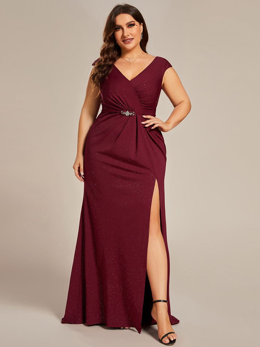 Plus Size Elegant V-neck Glitter Sequin Front Slit Mother of the Bride Dress