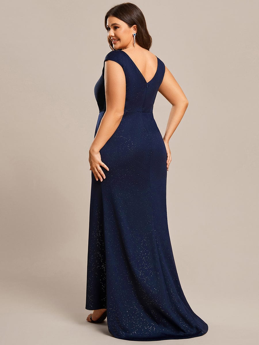 Plus Size Elegant V-neck Glitter Sequin Front Slit Mother of the Bride Dress