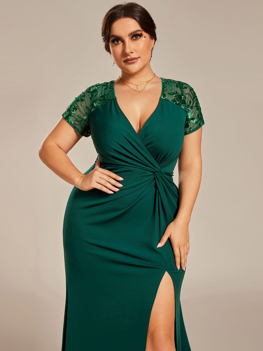 Plus Size Front Slit Short Sleeve With Sequin Formal Evening Dresses