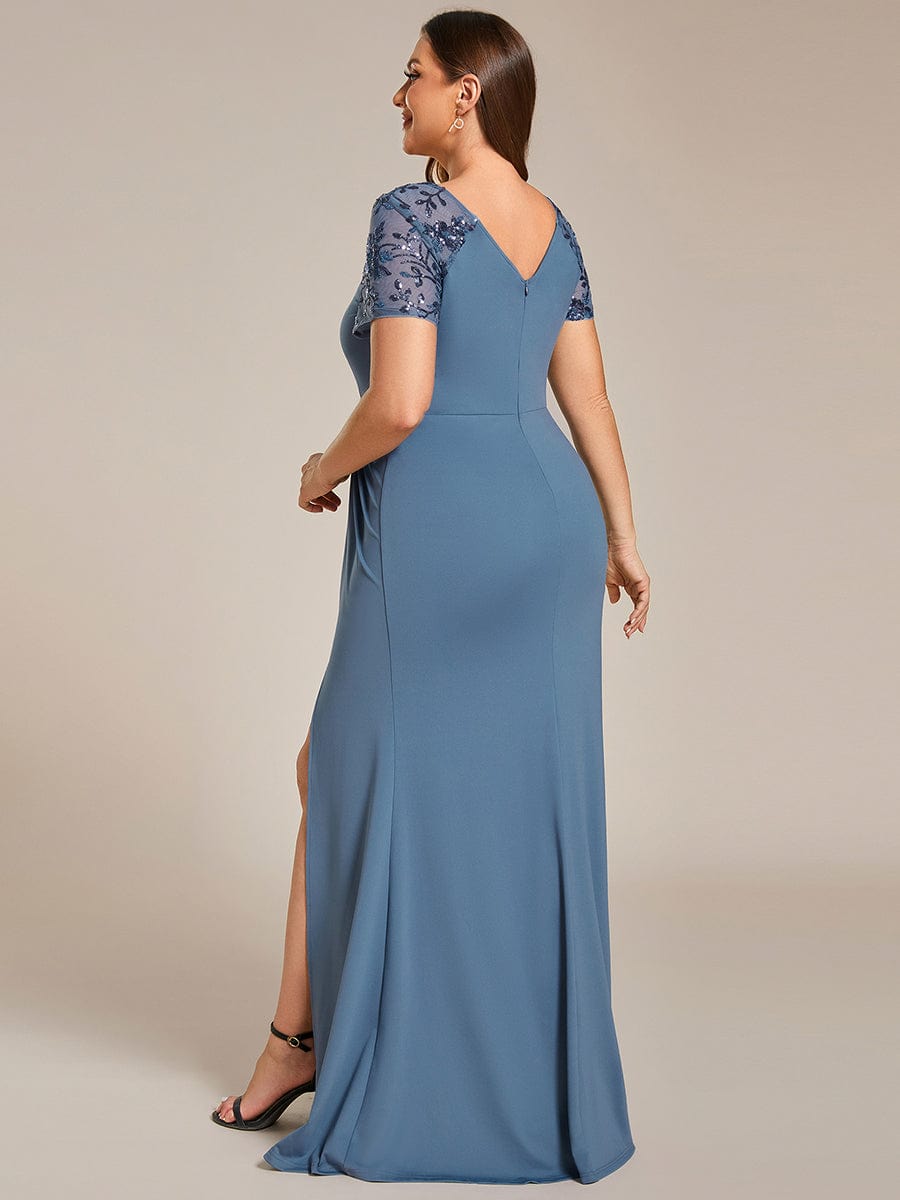 Plus Size Front Slit Short Sleeve With Sequin Formal Evening Dresses