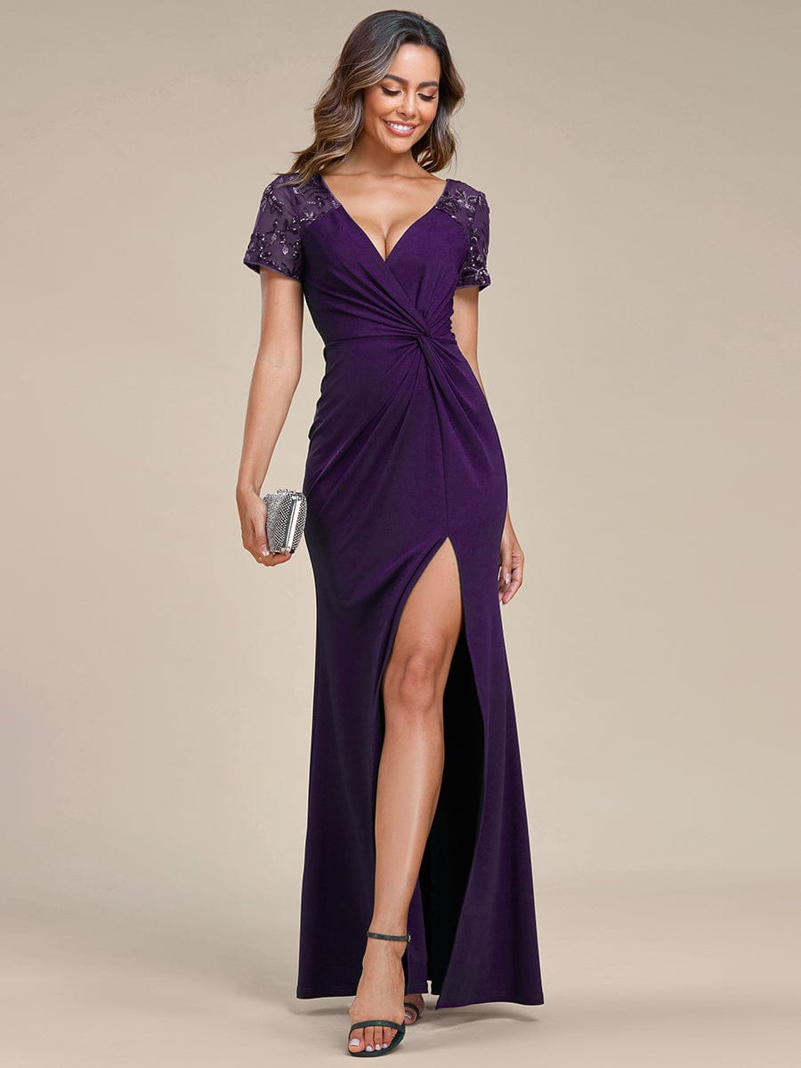 Deep V-Neck Sequin Short Sleeve High Side Front Slit Formal Evening Dresses