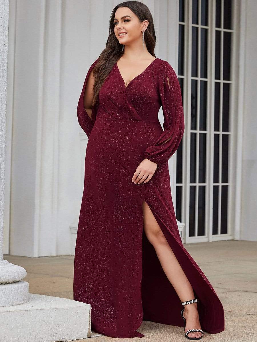 Plus Size Lantern Sleeve V-Neck Floor-Length Mother of the Bride Dress