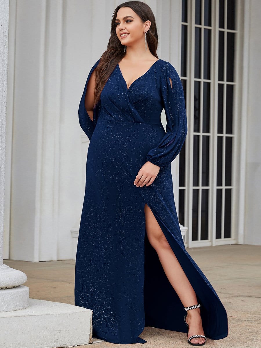 Plus Size Lantern Sleeve V-Neck Floor-Length Mother of the Bride Dress