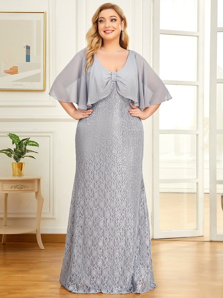 Plus Size Chiffon Sparkly Floral Lace Mother of the Bride Mermaid Dress #color_Grey