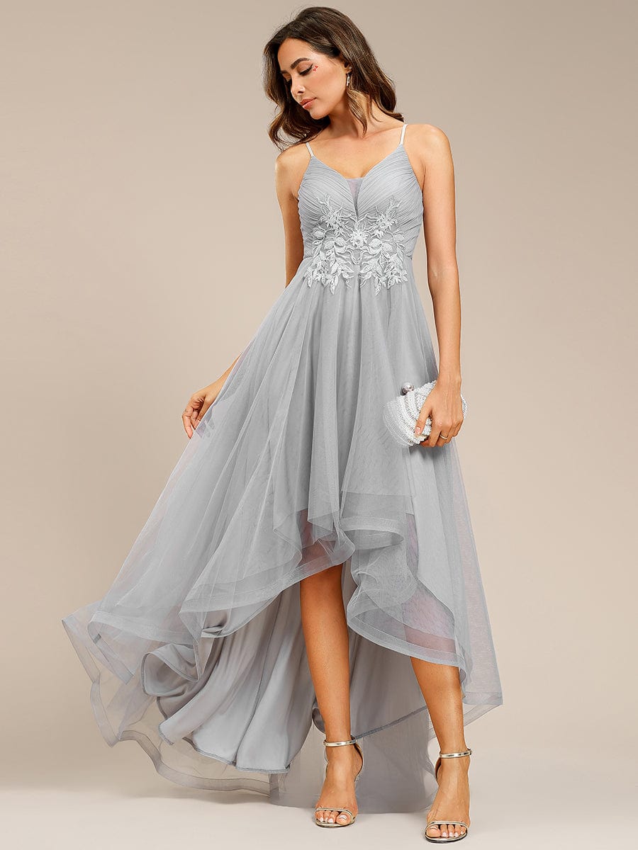 Stylish Floral Embroidered Waist High-Low Prom Dress