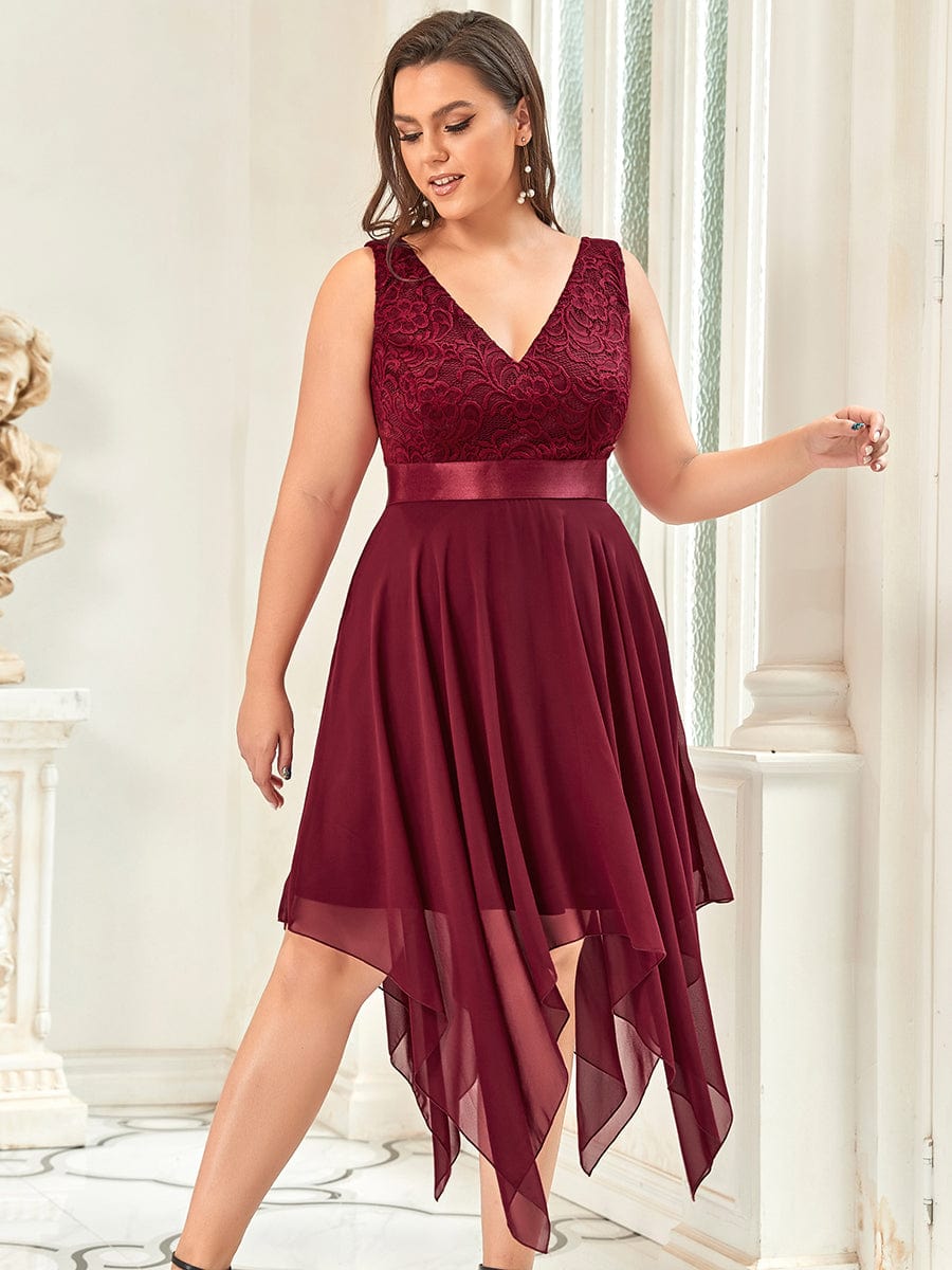 Deep V-Neck Lace Chiffon Bridesmaid Dress with Asymmetrical Hem