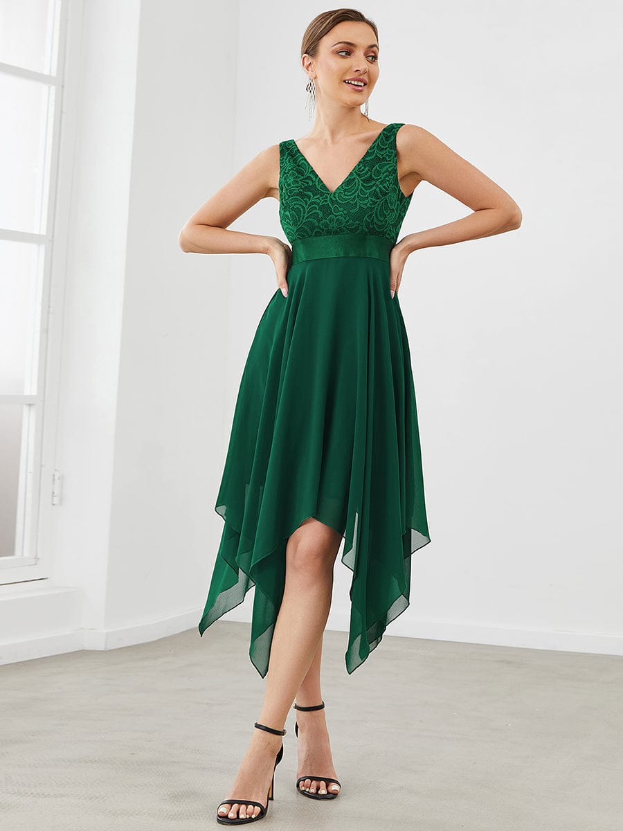 Deep V-Neck Lace Chiffon Bridesmaid Dress with Asymmetrical Hem